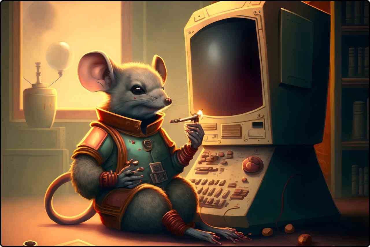 Digital rendering of a live mouse exploring a futuristic computer setup, created by AI.